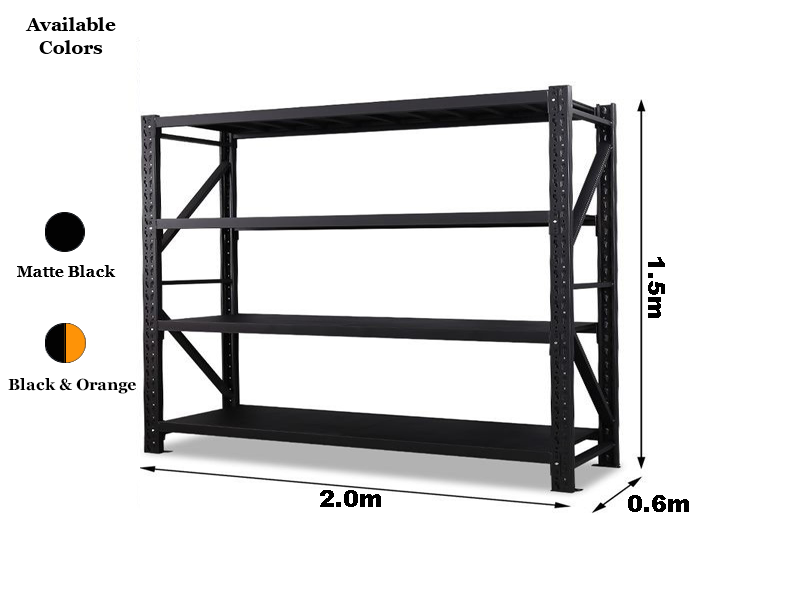 2.0m x 1.5m x 0.6m 800KG (W x H x D) Heavy Duty Shelving – Available in Mettle Black, Black & Orange