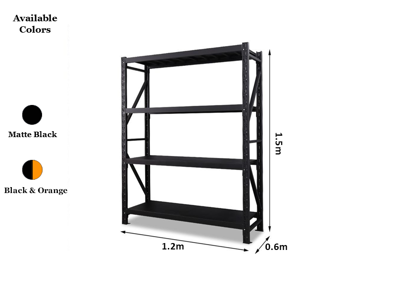 1.2m x 1.5m x 0.6m 800KG (W x H x D) Heavy Duty Shelving – Available in Mettle Black, Black & Orange