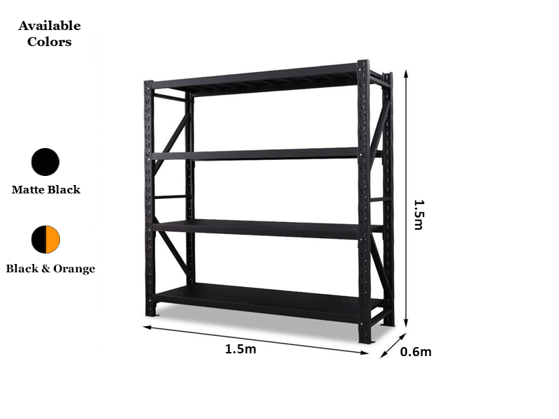 1.5m x 1.5m x 0.6m 800KG (W x H x D) Heavy Duty Shelving – Available in Mettle Black, Black & Orange