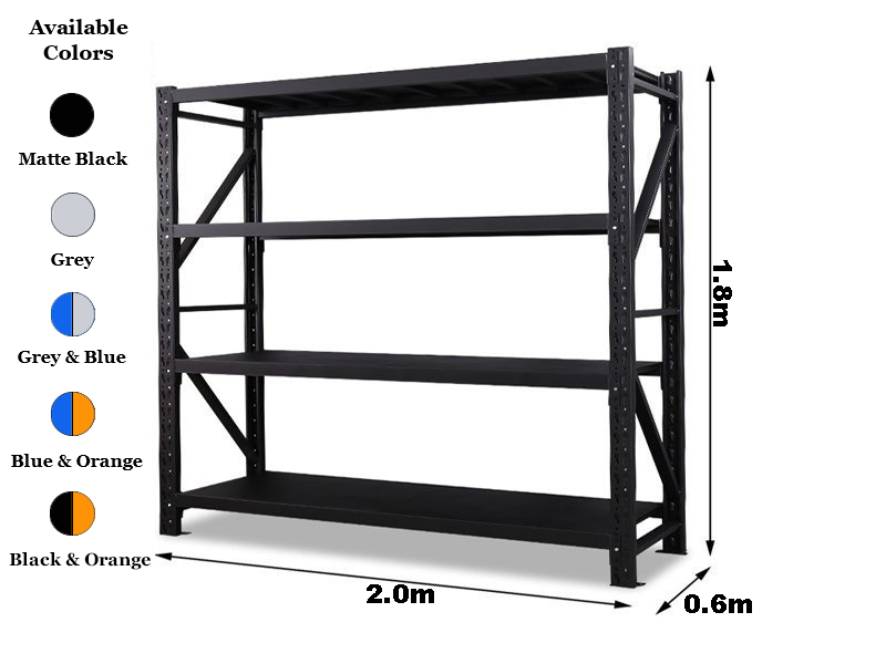 2.0m x 1.8m x 0.6m 800KG (W x H x D) Heavy Duty Shelving – Available in Mettle Black, Grey, Blue & Grey, Blue & Orange, Black & Orange