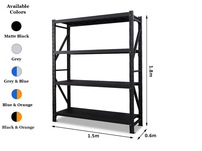 1.5m x 1.8m x 0.6m 800KG (W x H x D) Heavy Duty Shelving – Available in Mettle Black, Grey, Blue & Grey, Blue & Orange, Black & Orange