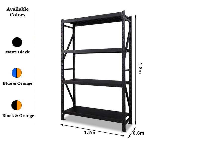 1.2m x 1.8m x 0.6m 800KG (W x H x D) Heavy Duty Shelving – Available in Mettle Black, Blue & Orange, Black & Orange