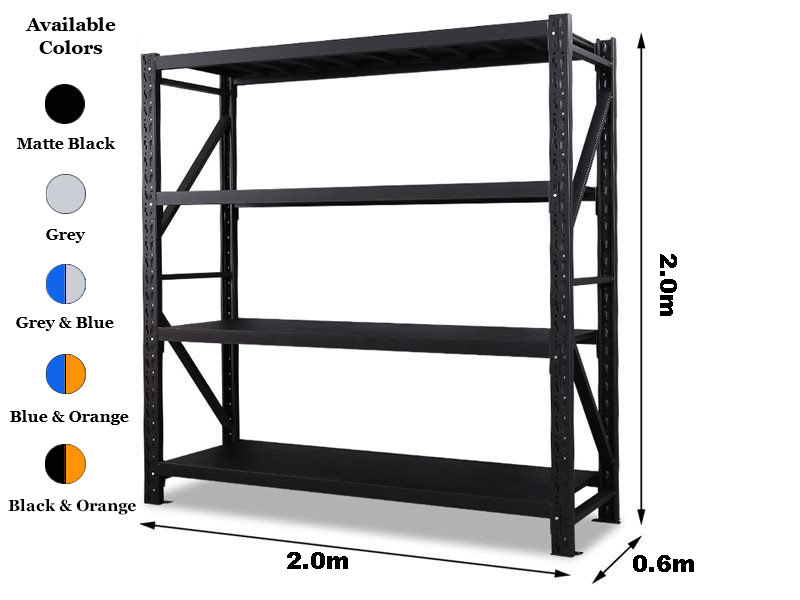 2.0m x 2.0m x 0.6m 800KG (W x H x D) Heavy Duty Shelving – Available in Mettle Black, Grey, Blue & Grey, Blue & Orange, Black & Orange