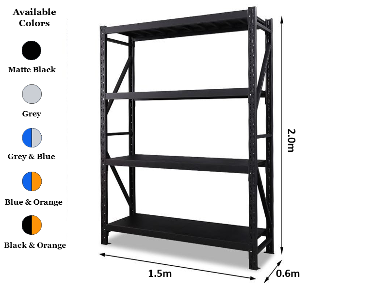 1.5m x 2.0m x 0.6m 800KG (W x H x D) Heavy Duty Shelving – Available in Mettle Black, Grey, Blue & Grey, Blue & Orange, Black & Orange