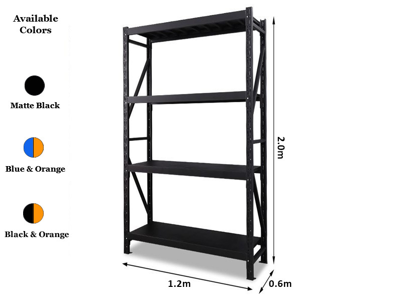 1.2m x 2.0m x 0.6m 800KG (W x H x D) Heavy Duty Shelving – Available in Mettle Black, Blue & Orange, Black & Orange