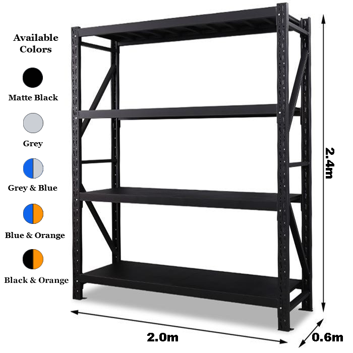 2.0m x 2.4m x 0.6m 800KG (W x H x D) Heavy Duty Shelving – Available in Mettle Black, Grey, Blue & Grey, Blue & Orange, Black & Orange