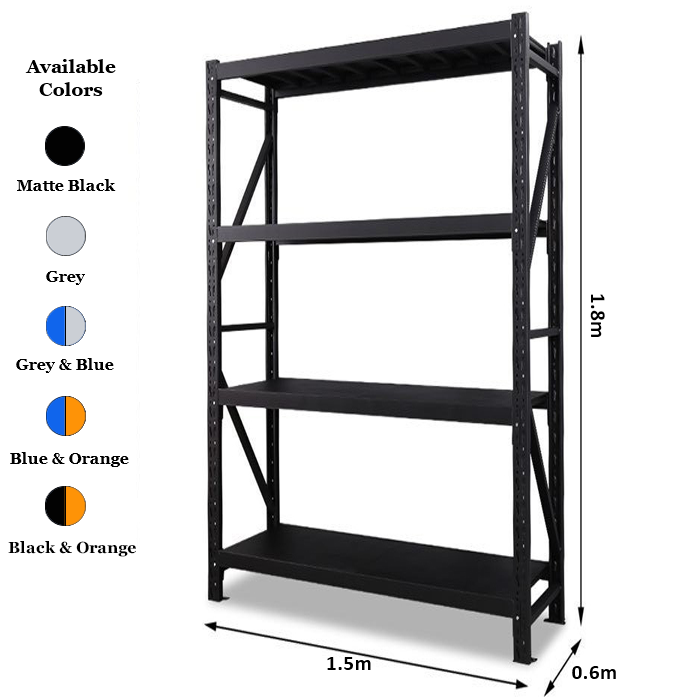 1.5m x 2.4m x 0.6m 800KG (W x H x D) Heavy Duty Shelving – Available in Mettle Black, Grey, Blue & Grey, Blue & Orange, Black & Orange