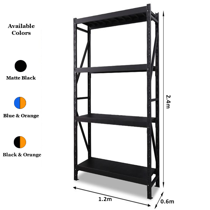 1.2m x 2.4m x 0.6m 800KG (W x H x D) Heavy Duty Shelving – Available in Mettle Black, Blue & Orange, Black & Orange