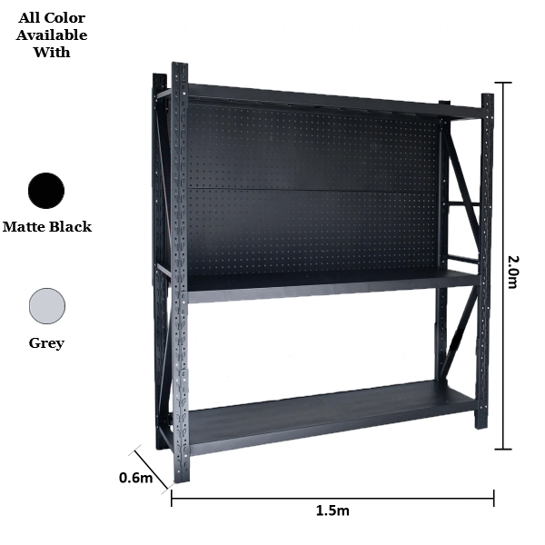 1.5m x 2.0m x 0.6m 600KG (W x H x D) Heavy Duty Pegboard Shelving – Available in Mettle Black and Grey